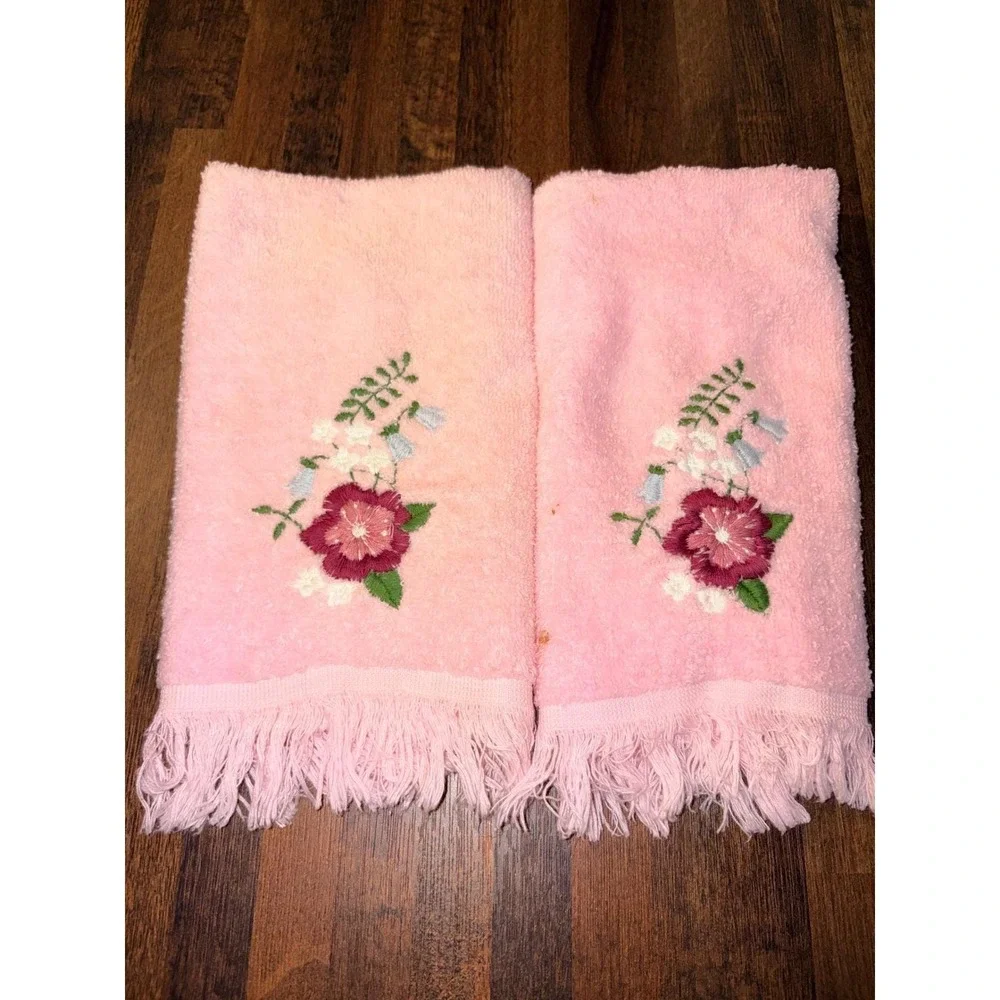 Vintage Pink Hand Towels Set of 2 Floral Embroidery Fringe Cottagecore Stains